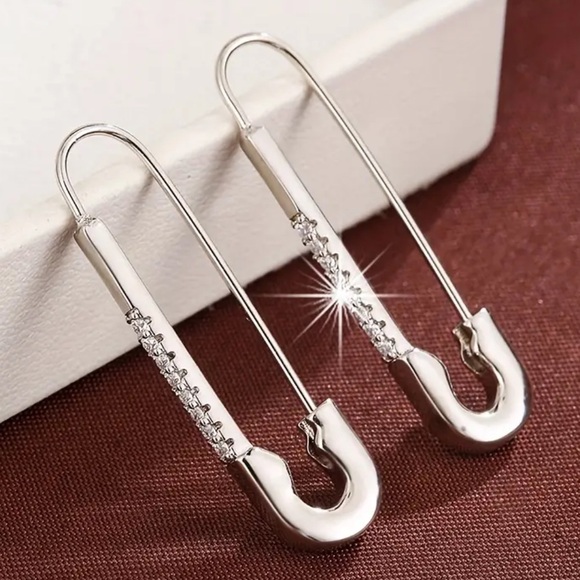 Silver Tone Safety Pin Earrings - Picture 2 of 2